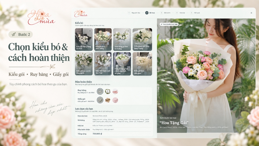 Bước 2 chọn kiểu bó giấy gói và ruy băng hoàn thiện
