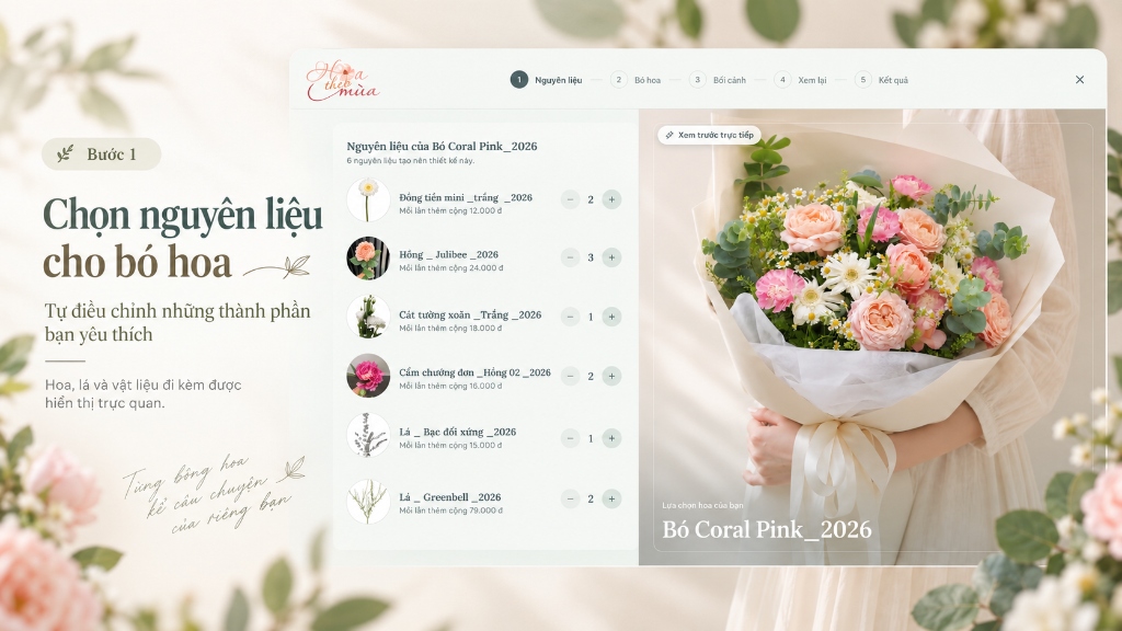 Bước 1 chọn nguyên liệu hoa lá và số lượng cành trực quan